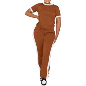 imagePINSV Womens 2 Piece Outfits Short Sleeve Tops Sweatpants Colorblock Bodycon Lounge Sets TracksuitBrown