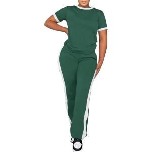 imagePINSV Womens 2 Piece Outfits Short Sleeve Tops Sweatpants Colorblock Bodycon Lounge Sets TracksuitGreen