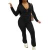 imagePINSV Women 2 Piece Outfits Workout Bodycon Tracksuit Long Sleeve Zip Up Hoodie Jacket Matching Flared Pants SetsBlack