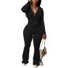 imagePINSV Women 2 Piece Outfits Workout Bodycon Tracksuit Long Sleeve Zip Up Hoodie Jacket Matching Flared Pants SetsBlack