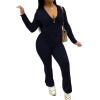imagePINSV Women 2 Piece Outfits Workout Bodycon Tracksuit Long Sleeve Zip Up Hoodie Jacket Matching Flared Pants SetsDark Blue