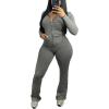 imagePINSV Women 2 Piece Outfits Workout Bodycon Tracksuit Long Sleeve Zip Up Hoodie Jacket Matching Flared Pants SetsGrey