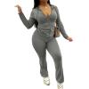 imagePINSV Women 2 Piece Outfits Workout Bodycon Tracksuit Long Sleeve Zip Up Hoodie Jacket Matching Flared Pants SetsGrey