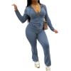 imagePINSV Women 2 Piece Outfits Workout Bodycon Tracksuit Long Sleeve Zip Up Hoodie Jacket Matching Flared Pants SetsGrey Blue