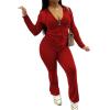 imagePINSV Women 2 Piece Outfits Workout Bodycon Tracksuit Long Sleeve Zip Up Hoodie Jacket Matching Flared Pants SetsRed