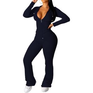 imagePINSV Women 2 Piece Outfits Workout Bodycon Tracksuit Long Sleeve Zip Up Hoodie Jacket Matching Flared Pants SetsDark Blue