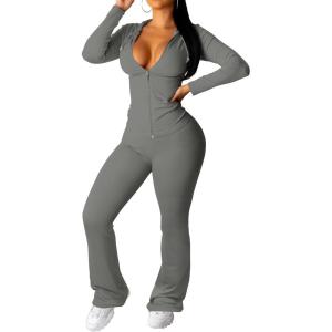 imagePINSV Women 2 Piece Outfits Workout Bodycon Tracksuit Long Sleeve Zip Up Hoodie Jacket Matching Flared Pants SetsGrey