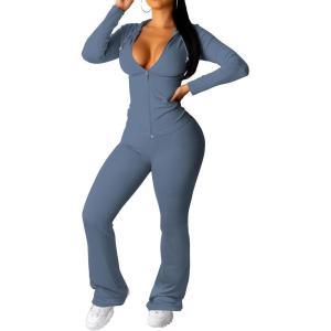 imagePINSV Women 2 Piece Outfits Workout Bodycon Tracksuit Long Sleeve Zip Up Hoodie Jacket Matching Flared Pants SetsGrey Blue