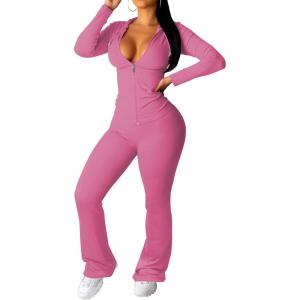 imagePINSV Women 2 Piece Outfits Workout Bodycon Tracksuit Long Sleeve Zip Up Hoodie Jacket Matching Flared Pants SetsPink