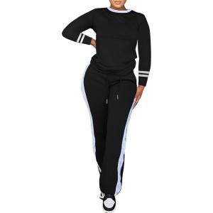 imagePINSV Womens 2 Piece Outfits Long Sleeve Tops Sweatpants Colorblock Bodycon Lounge Sets TracksuitsBlack