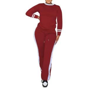 imagePINSV Womens 2 Piece Outfits Long Sleeve Tops Sweatpants Colorblock Bodycon Lounge Sets TracksuitsBurgundy