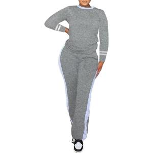 imagePINSV Womens 2 Piece Outfits Long Sleeve Tops Sweatpants Colorblock Bodycon Lounge Sets TracksuitsGrey