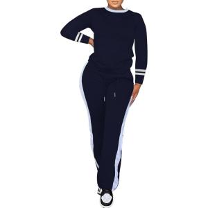 imagePINSV Womens 2 Piece Outfits Long Sleeve Tops Sweatpants Colorblock Bodycon Lounge Sets TracksuitsNavy Blue