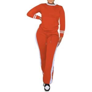 imagePINSV Womens 2 Piece Outfits Long Sleeve Tops Sweatpants Colorblock Bodycon Lounge Sets TracksuitsOrange