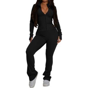 imagePINSV Womens 2 Piece Outfits Long Sleeve Zip Up Jacket Flare Pants Matching Tracksuit SetBlack