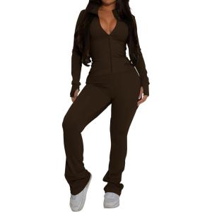 imagePINSV Womens 2 Piece Outfits Long Sleeve Zip Up Jacket Flare Pants Matching Tracksuit SetBrown