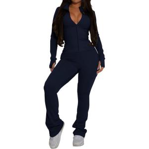imagePINSV Womens 2 Piece Outfits Long Sleeve Zip Up Jacket Flare Pants Matching Tracksuit SetDark Blue