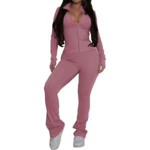 imagePINSV Womens 2 Piece Outfits Long Sleeve Zip Up Jacket Flare Pants Matching Tracksuit SetDusty Pink