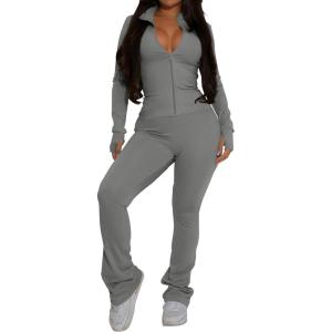 imagePINSV Womens 2 Piece Outfits Long Sleeve Zip Up Jacket Flare Pants Matching Tracksuit SetGrey