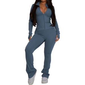 imagePINSV Womens 2 Piece Outfits Long Sleeve Zip Up Jacket Flare Pants Matching Tracksuit SetGrey Blue