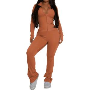 imagePINSV Womens 2 Piece Outfits Long Sleeve Zip Up Jacket Flare Pants Matching Tracksuit SetLight Orange
