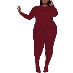 imagePINSV Womens Plus Size 2 Piece Outfits Tracksuits Long Sleeve Top Pants Sets SweatsuitsBurgundy
