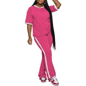 imagePINSV Women Sets 2 Piece Outfits Comfy Short Sleeve Top and Pants Lounge Sets Travel Airport OutfitsRose Red