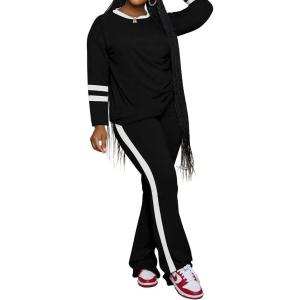 imagePINSV 2 Piece Sets for Women Fall Casual Outfits Long Sleeve Top and Flare Pants Lounge Sets Track suitBlack