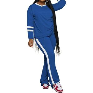 imagePINSV 2 Piece Sets for Women Fall Casual Outfits Long Sleeve Top and Flare Pants Lounge Sets Track suitBlue