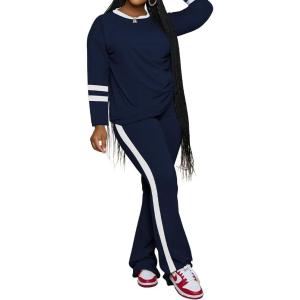 imagePINSV 2 Piece Sets for Women Fall Casual Outfits Long Sleeve Top and Flare Pants Lounge Sets Track suitDark Blue