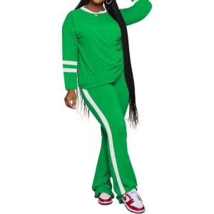 imagePINSV 2 Piece Sets for Women Fall Casual Outfits Long Sleeve Top and Flare Pants Lounge Sets Track suitGreen