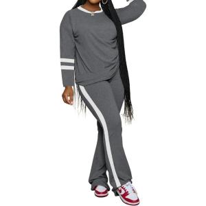 imagePINSV 2 Piece Sets for Women Fall Casual Outfits Long Sleeve Top and Flare Pants Lounge Sets Track suitGrey