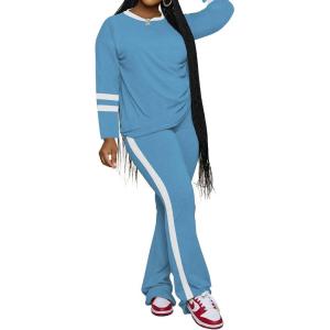 imagePINSV 2 Piece Sets for Women Fall Casual Outfits Long Sleeve Top and Flare Pants Lounge Sets Track suitLight Blue
