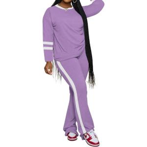 imagePINSV 2 Piece Sets for Women Fall Casual Outfits Long Sleeve Top and Flare Pants Lounge Sets Track suitPurple