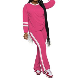 imagePINSV 2 Piece Sets for Women Fall Casual Outfits Long Sleeve Top and Flare Pants Lounge Sets Track suitRose Red
