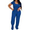 imagePINSV Womens 2 Piece Outfits Lounge Short Sleeve Tops High Waisted Wide Leg Pants Tracksuit SetsBlue
