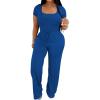 imagePINSV Womens 2 Piece Outfits Lounge Short Sleeve Tops High Waisted Wide Leg Pants Tracksuit SetsBlue