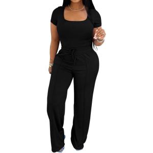 imagePINSV Womens 2 Piece Outfits Lounge Short Sleeve Tops High Waisted Wide Leg Pants Tracksuit SetsBlack