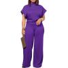 imagePINSV Lounge Sets For Women Casual 2 Piece Outfits Baggy Short Sleeve Top And Flare Pants TracksuitsUgpurple