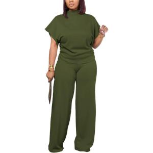 imagePINSV Lounge Sets For Women Casual 2 Piece Outfits Baggy Short Sleeve Top And Flare Pants TracksuitsUgarmy Green