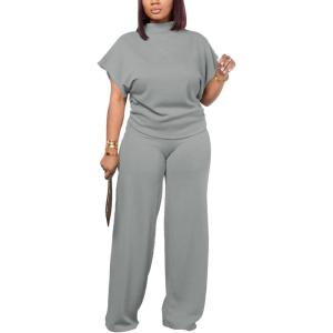 imagePINSV Lounge Sets For Women Casual 2 Piece Outfits Baggy Short Sleeve Top And Flare Pants TracksuitsUggrey