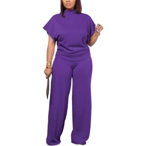 imagePINSV Lounge Sets For Women Casual 2 Piece Outfits Baggy Short Sleeve Top And Flare Pants TracksuitsUgpurple