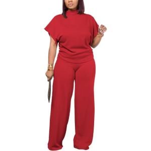 imagePINSV Lounge Sets For Women Casual 2 Piece Outfits Baggy Short Sleeve Top And Flare Pants TracksuitsUgred