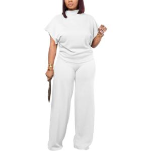 imagePINSV Lounge Sets For Women Casual 2 Piece Outfits Baggy Short Sleeve Top And Flare Pants TracksuitsUgwhite