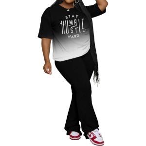 imagePINSV Womens Plus Size Sets 2 Piece Outfits Casual Short Sleeve Top and Flare Pants TracksuitBlack Letter Gradient