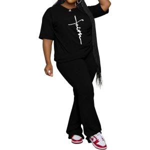 imagePINSV Womens Plus Size Sets 2 Piece Outfits Casual Short Sleeve Top and Flare Pants TracksuitBlack Print