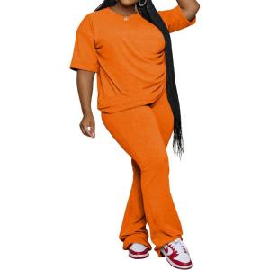 imagePINSV Womens Plus Size Sets 2 Piece Outfits Casual Short Sleeve Top and Flare Pants TracksuitOrange