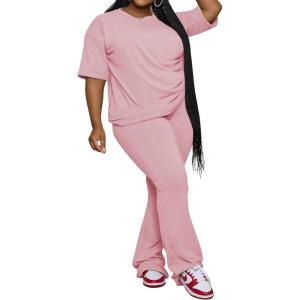 imagePINSV Womens Plus Size Sets 2 Piece Outfits Casual Short Sleeve Top and Flare Pants TracksuitPink