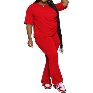 imagePINSV Womens Plus Size Sets 2 Piece Outfits Casual Short Sleeve Top and Flare Pants TracksuitRed