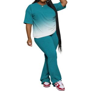 imagePINSV Womens Plus Size Sets 2 Piece Outfits Casual Short Sleeve Top and Flare Pants TracksuitTurquoise Gradient